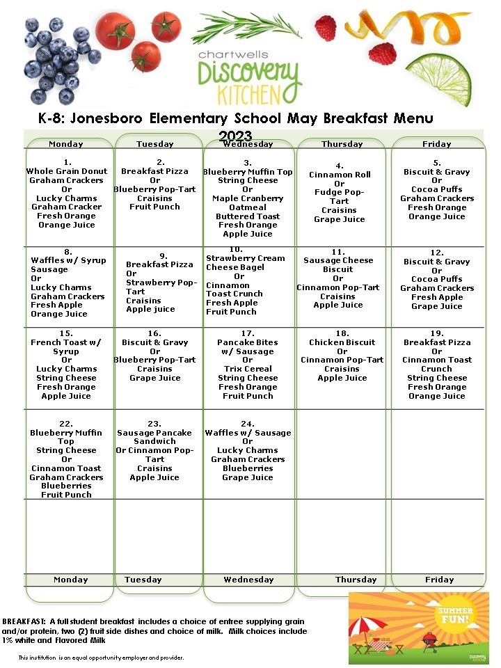 K-8 Jonesboro Elementary May Breakfast Menu.