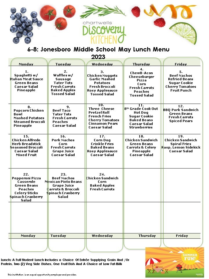 Middle School may Lunch Menu