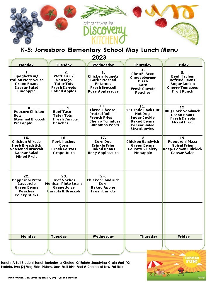 K-5 Elementary School May Lunch Menu 