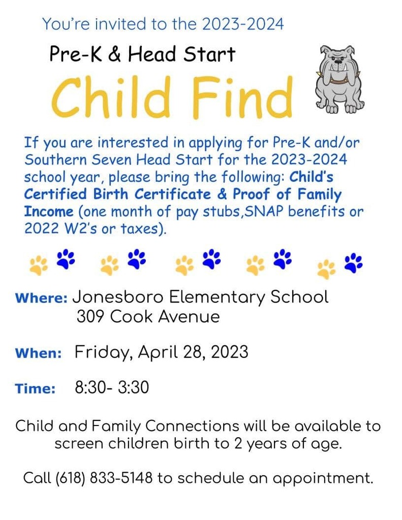 Pre-K Signup April 28. Call 618-833-5148 for appointment. 
